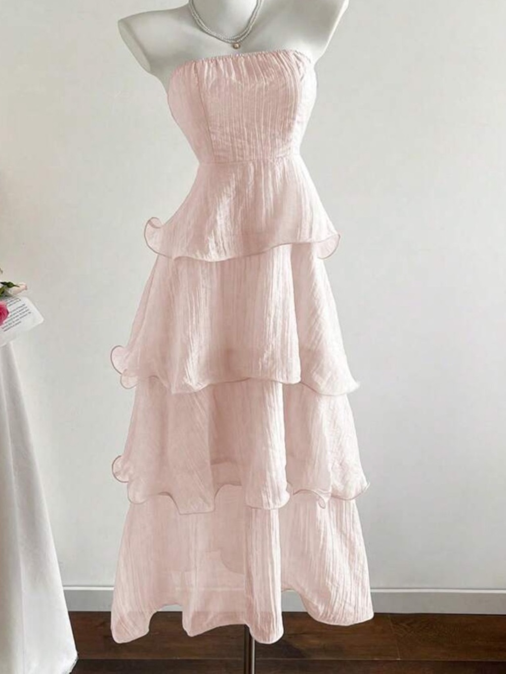 Strapless Blush Pink Tiered Ruffle Midi Dress